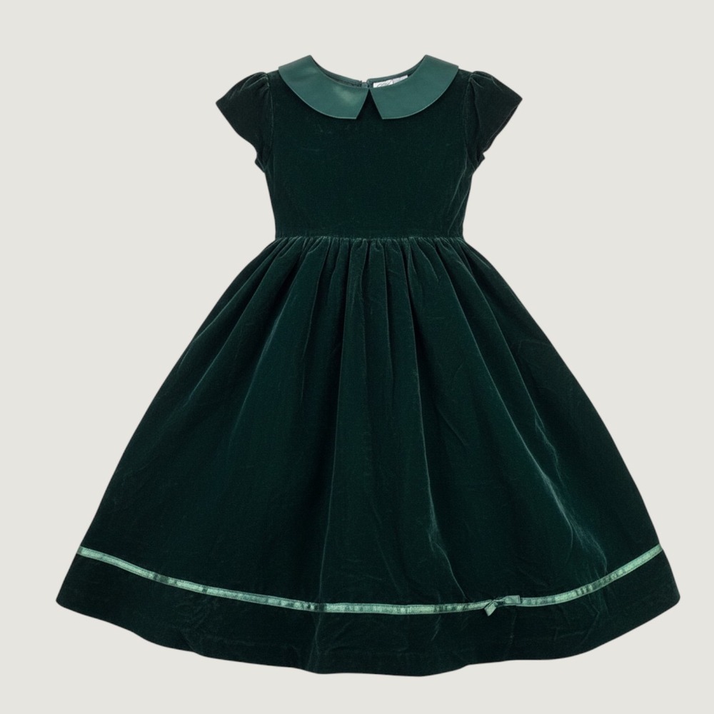 VTG 90s Green Dog Velvet Party Dress Girls 10 Green Holiday Peter Pan Collar Bow